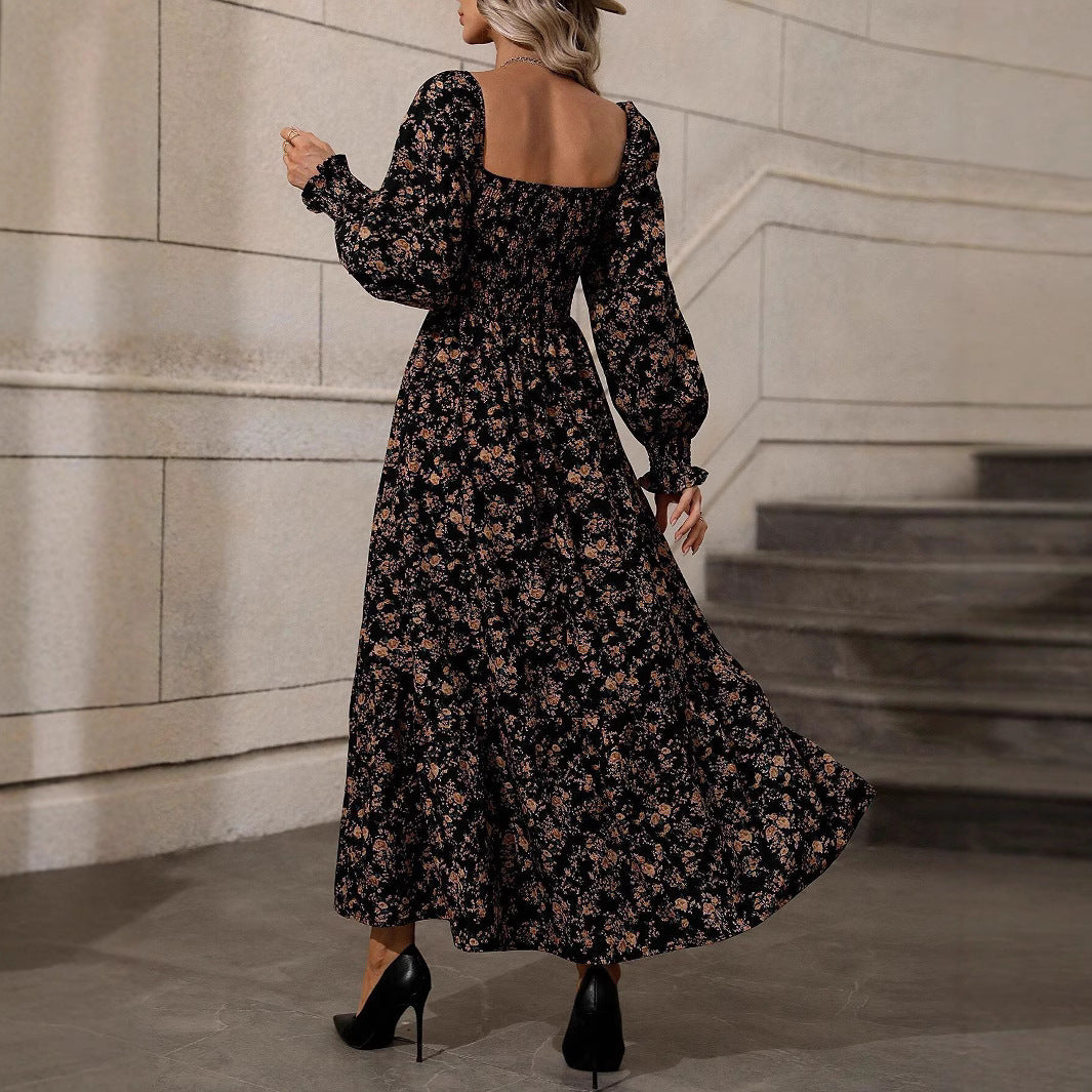 autumn floral square-neck dress