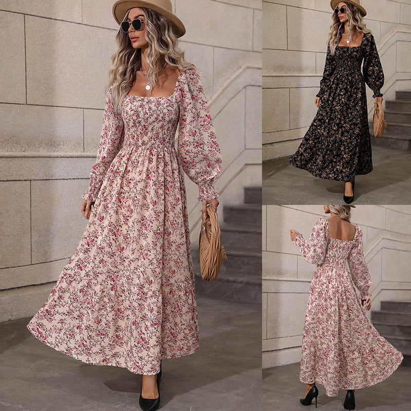 autumn floral square-neck dress