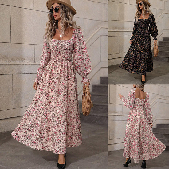 autumn floral square-neck dress
