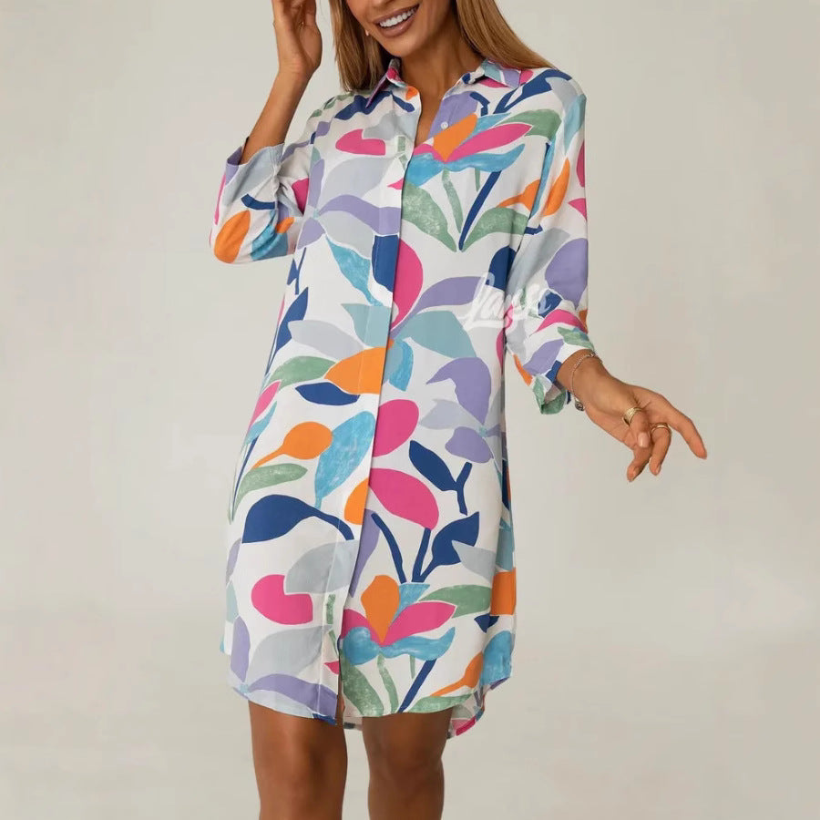 printed lapel cardigan dress to