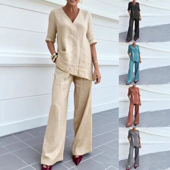 Casual Cotton-Linen Solid-Color Mid-Sleeve V-Neck Top And Straight-Cut Casual Pants Set