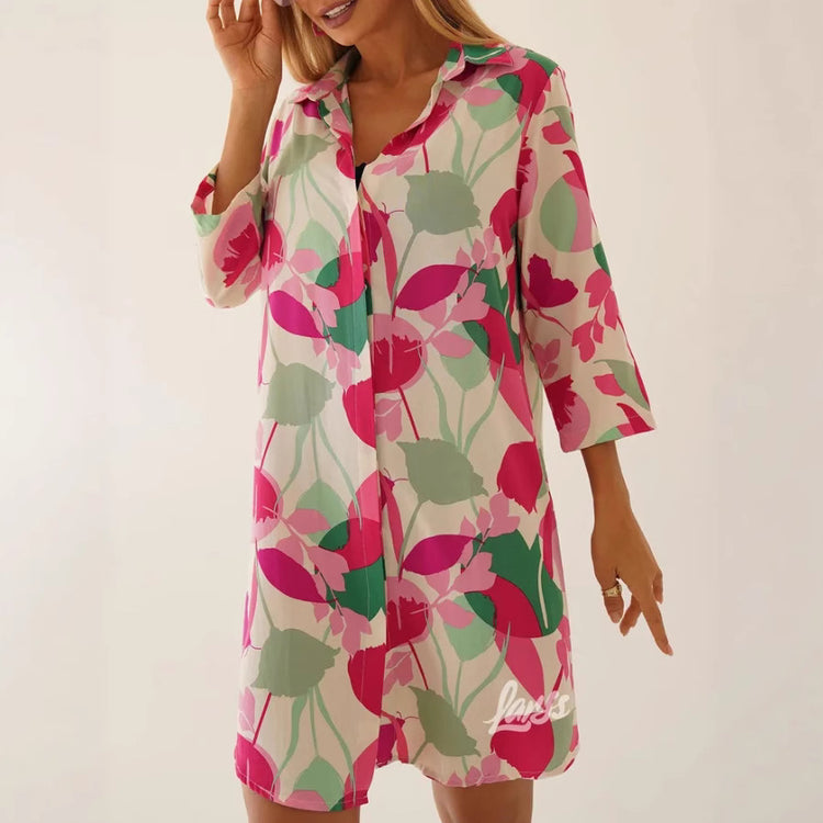 printed lapel cardigan dress to