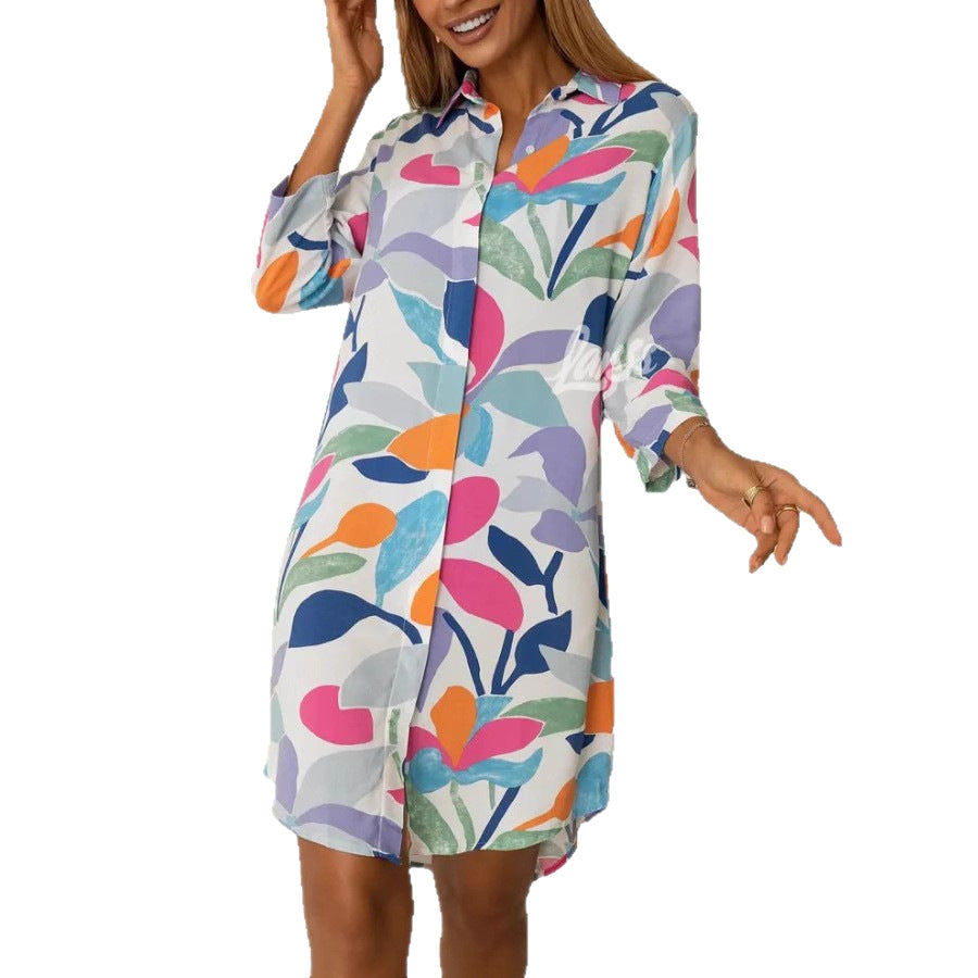 printed lapel cardigan dress to