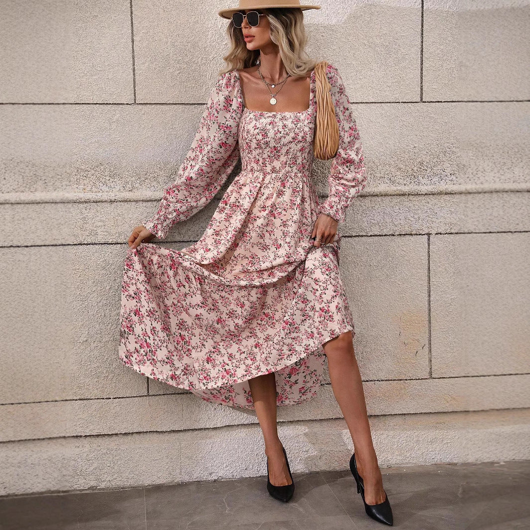 autumn floral square-neck dress